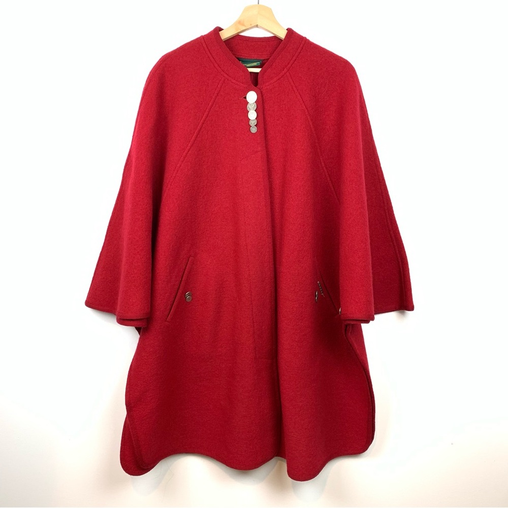 Geiger Cape Jacket Poncho Boiled Wool Red Ornate Buttons Sz 38 Austria Old Money